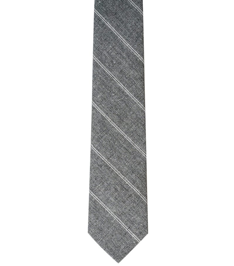 BELLUNO 2.5 inch Skinny Tie for Men, Cotton Linen Slim Neckties Gray Stripe - Image 4